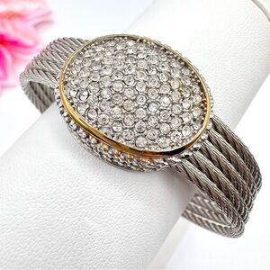 DSMK Crystal Pave Stainless Steel Rope Two Tone Cuff Bracelet Mixed Metal Signed